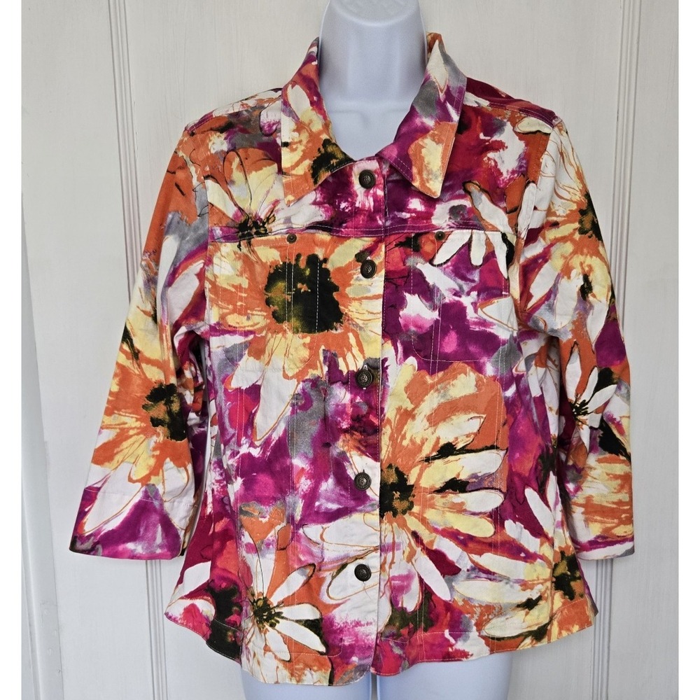 VTG Mirror Image Women's 3/4 Sleeve Denim Jacket Floral‎ Design Fun Artsy  Large